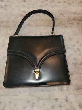 Vintage 60s French Dothan Classic Black Leather Top-Handle Satchel Gold Hardware